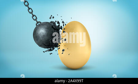 3D rendering di oscillazione nero wrecking ball si rompe in collisione con un gigante intatto Golden Egg. Foto Stock