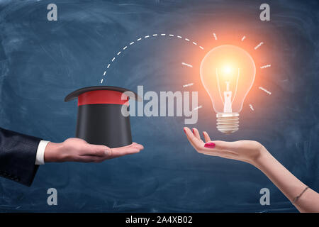 3D rendering di un maschio di imprenditore il mano che tiene un cappello di procedure guidate e una femmina la mano che regge un luminoso lampada incandescente. Foto Stock