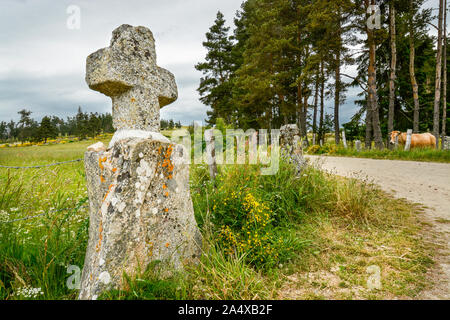 Una croce di pietra sul lato della strada sul cammino di Santiago de Compostela Foto Stock