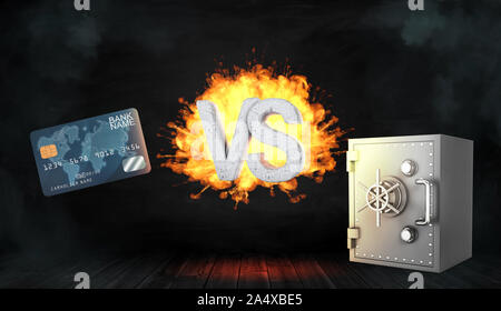 3D rendering di grandi lettere di calcestruzzo VS sul cavalletto di fuoco tra un generico blu carta di credito e una banca in metallo cassetta di sicurezza. Foto Stock