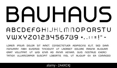 Il Bauhaus lettere e numeri impostati. Headline arrotondati in maiuscolo stile moderno vettore alfabeto latino. Font per eventi, promozioni, logo, banner, monogramma Illustrazione Vettoriale