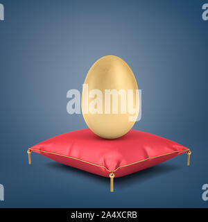 3D rendering di un gigante di golden egg sorge su di un cuscino di seta rossa con nappe dorate su sfondo blu. Foto Stock