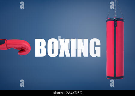 3D rendering di una grande parola bianco il pugilato si erge tra un guanto di boxe e un sacchetto di inscatolamento. Foto Stock