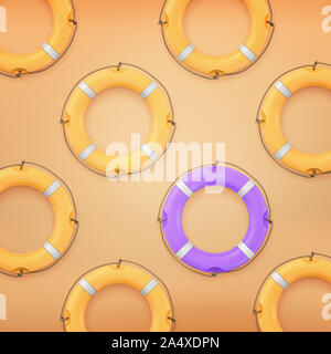 3D rendering di una singola vita viola tra boa arancione tanti anelli di vita su uno sfondo arancione. Foto Stock