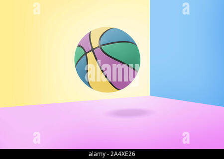 3D rendering di singoli multi-colore di basket ball con strisce nere si blocca su una tre-colore di sfondo. Foto Stock