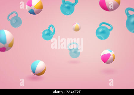3D rendering di molti pittoresca spiaggia di sfere e kettlebells blu a volare su un sfondo rosa. Foto Stock