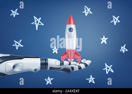 3D rendering del bianco e nero braccio robotico detiene un piccolo razzo retrò sul suo palm su uno sfondo con chalk stelle. Foto Stock