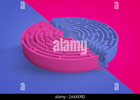 3D rendering di magenta scuro e violetta round maze rotto in metà a destra nel mezzo su un contrasto dello sfondo. Foto Stock