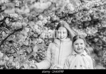 I bambini su fiori di colore rosa di sakura tree background. Kids godendo la fioritura dei ciliegi sakura. Concetto di botanica. Fiori di colore rosa morbide nuvole. I bambini godono di calda primavera. Perso in fiore. Le ragazze in posa vicino a sakura. Foto Stock