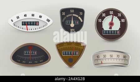 I tachimetri, indicatori di velocità realistiche illustrazioni vettoriali impostato Illustrazione Vettoriale