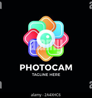 Quadrato di colore cornice fotografica con l'otturatore della fotocamera Logo. Box Foto logotipo della fotocamera. Illustrazione Vettoriale