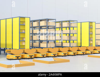 La linea autonoma di robot mobili in magazzino moderno. Il rendering 3D'immagine. Foto Stock