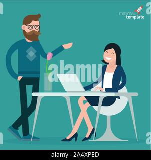 Cartone animato gli uomini e le donne che lavorano e la comunicazione in ufficio Illustrazione Vettoriale