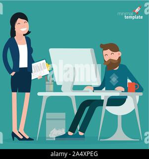 Cartone animato gli uomini e le donne che lavorano e la comunicazione in ufficio Illustrazione Vettoriale