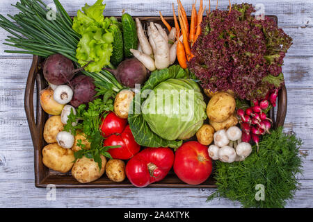 Verdure miste su un vassoio in legno, vicino. Ortaggi freschi nel vassoio in legno Alimenti sani ingredienti. Agricoltore biologico ortaggi. Vista dall'alto. Foto Stock
