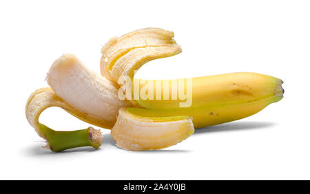 Aperto Banana isolato su uno sfondo bianco. Foto Stock