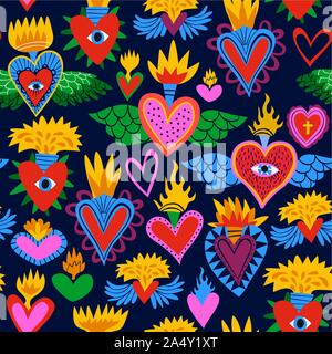 Sacro Cuore seamless pattern, colorati cuori religiosa sul fuoco. Appartamento in stile cartone animato sfondo per San Valentino, il giorno dei morti o religio tradizionale Illustrazione Vettoriale