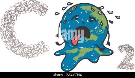 Globo terrestre sofferenza sotto riscaldamento globale lontano di fusione nel mezzo di biossido di carbonio. Adatto per ambientalismo, cambiamenti climatici, ecologia Illustrazione Vettoriale