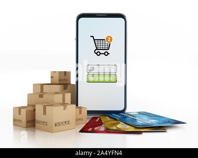 Smartphone, box di carico e una carta di credito isolati su sfondo bianco. 3D'illustrazione. Foto Stock