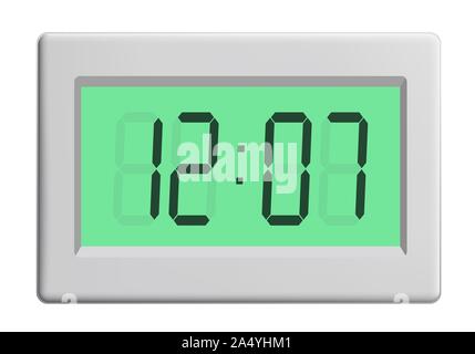 Illustrazione realistica di plastica orologio digitale o contatore orario con display verde e nero numeri e segni. Isolato su sfondo bianco - vettore Illustrazione Vettoriale