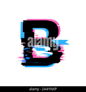 Lettera B distorto di glitch al neon per effetto di un font per il testo. 3D Render Foto Stock