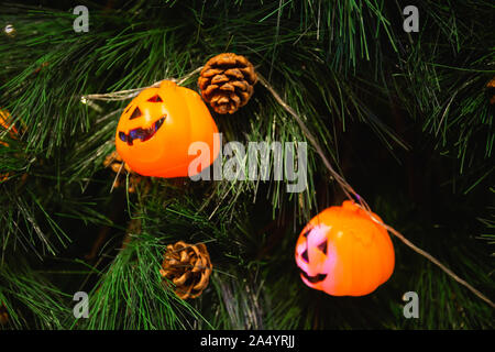 Le zucche con luci decorata su alberi ad una festa di Halloween. Foto Stock