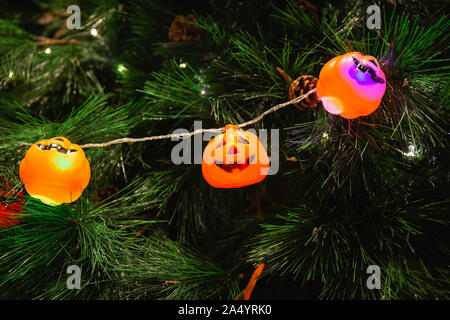 Le zucche con luci decorata su alberi ad una festa di Halloween. Foto Stock