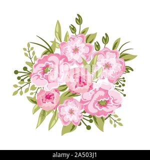 Splendida peonia bouquet illustrazione vettoriale. Rose fiori cartoon composizione. Illustrazione Vettoriale