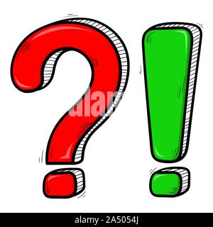 Domanda e l esclamazione di marchi. Rosso e verde mano bozzetto Illustrazione Vettoriale
