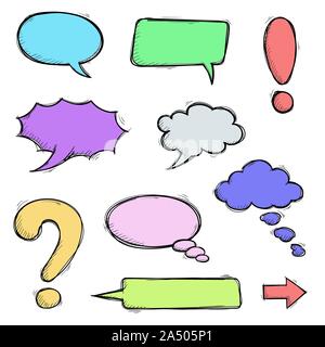 Discorso colorate bolle e i segni di punteggiatura. Disegnata a mano doodle Illustrazione Vettoriale