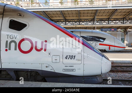 Paris, France – July 23, 2019: French TGV and German ICE high-speed train at Paris Est railway station in France. Foto Stock