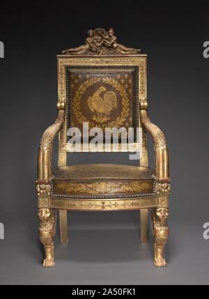 Il bambino ha il trono, 1822. Questa sedia è stata fatta per il giovane, presunto successore al trono francese che hanno governato brevemente come Henri V nel 1830, l'ultimo dei Borbone diretto linea. Egli è raffigurato al centro del binario superiore protetta da figure femminili che rappresentano la Francia e Minerva, dea romana della sapienza. Fleurs de lis e il gallo gallico, simboli della regalità francese e il popolo francese, decorare la tappezzeria. Foto Stock