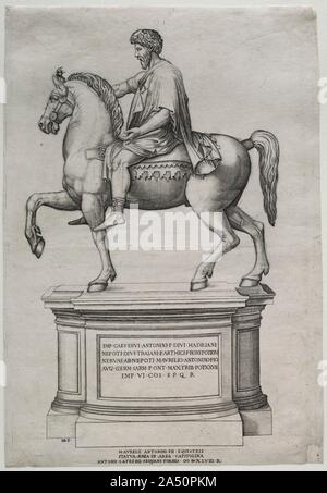 Statua equestre di Marco Aurelio, 1548. Beatrizet ha creato questa incisione come parte di un progetto la registrazione di opere d'arte e architettura di Roma. Concepito dagli editori Antonio Salamanca e Antonio Lafreri, la stampa è venuto a essere conosciuta come lo Speculum Romanae Magnificentiae" , o specchio della magnificenza romana . Turisti e collezionisti potrebbe acquistare le stampe individualmente o acquistarli in gruppi più grandi e li legano in un album. Conservato a Roma per tutto il Medioevo, questa antica statua di Marco Aurelio è stato spostato nel 1538 al Campidoglio, dove divenne un centro di Foto Stock