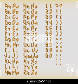 Insieme di pixel isometrico alfabeto e numeri di colore arancione. Illustrazione Vettoriale. Illustrazione Vettoriale