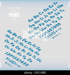 Insieme di pixel isometrico alfabeto e numeri di colore blu. Illustrazione Vettoriale. Illustrazione Vettoriale