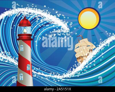 In barca a vela e il faro in stilizzato blu mare tempestoso. Illustrazione Vettoriale