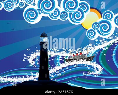 In barca a vela e il faro in stilizzato blu mare tempestoso. Illustrazione Vettoriale
