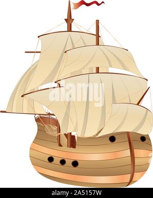 Vintage in legno nave a vela su sfondo bianco. Illustrazione Vettoriale