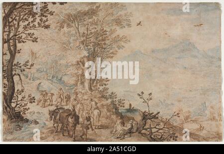 Paesaggio con i viaggiatori, 1605. Un figlio di Pieter Bruegel il Vecchio, Jan ha viaggiato in Italia nel 1590s e in seguito avuto una carriera di successo in Anversa, dove alla fine divenne pittore di corte agli Asburgo regents. Come un pittore, si è specializzato in floral nature morte e paesaggi, talvolta collaborando con il suo amico Peter Paul Rubens. I suoi disegni sono però quasi esclusivamente di paesaggi. Bruegel destinati a essere venduti come lavori indipendenti piuttosto che come studi preparatori per dipinti. La data di scadenza indicata nell'angolo in basso a sinistra di questo foglio può essere corretto, ma, insieme con il Foto Stock