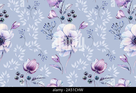 Acquerello di anemoni seamless pattern. Dipinte a mano e floreali design di superficie con frutti di bosco fatta di perle nere. Fiori di magenta su sfondo blu per Foto Stock