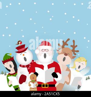 Pupazzo di neve, Babbo Natale, Gingerbread Man, renne, Elf e fiabesca personaggi a cantare i canti natalizi nella neve Illustrazione Vettoriale