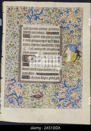 Foglie da un libro di ore: Angel inseguendo un diavolo (recto) , c. 1460. L'elaborato e floreali foliated confini di questa foglia, decorare la parte superiore, inferiore e i lati del recto e verso contengono quattro elementi distinti: blu e oro foglie di acanto, oro-foglia di edera vigne, spray di fiori o di frutta e una grottesca. Qui il margine prominente include un roundel illuminato con un angelo a caccia di un diavolo con una lancia. Come un risparmio di tempo dispositivo, illuminatori nel 1450s e più tardi avrebbe spesso vernice frontiere identica su entrambi i lati di una foglia. I motivi sarebbe disegnato su un lato e poi tracciato su t Foto Stock