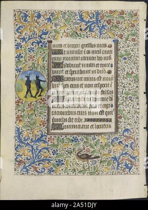 Foglie da un libro di ore: due demoni (verso), c. 1460. L'elaborato e floreali foliated confini di questa foglia, decorare la parte superiore, inferiore e i lati del recto e verso contengono quattro elementi distinti: blu e oro foglie di acanto, oro-foglia di edera vigne, spray di fiori o di frutta e una grottesca. Qui il margine prominente include un roundel illuminato con un angelo a caccia di un diavolo con una lancia. Come un risparmio di tempo dispositivo, illuminatori nel 1450s e più tardi avrebbe spesso vernice frontiere identica su entrambi i lati di una foglia. I motivi sarebbe disegnato su un lato e poi tracciata sulle altre da Foto Stock