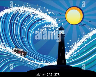 In barca a vela e il faro in stilizzato blu mare tempestoso. Illustrazione Vettoriale