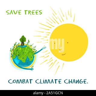 Salva gli alberi, la lotta contro il cambiamento climatico. Vettore illustrazione ecologico circa la conservazione di alberi e piante sul pianeta Terra. Simpatico personaggio, conceptu Illustrazione Vettoriale