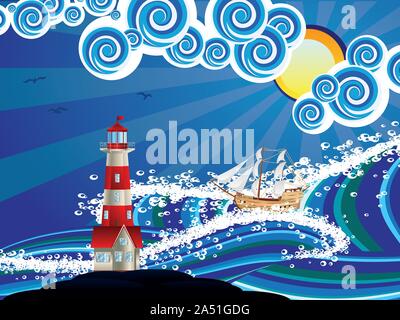 In barca a vela e il faro in stilizzato blu mare tempestoso. Illustrazione Vettoriale