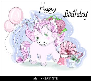 Bella carino white unicorn. con dono. coriandoli e palloncino, buon compleanno biglietto di auguri Illustrazione Vettoriale