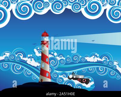 In barca a vela e il faro in stilizzato blu mare tempestoso. Illustrazione Vettoriale