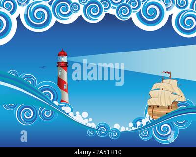 In barca a vela e il faro in stilizzato blu mare tempestoso. Illustrazione Vettoriale