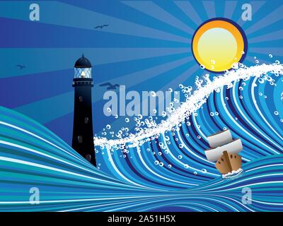 In barca a vela e il faro in stilizzato blu mare tempestoso. Illustrazione Vettoriale